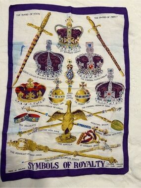Vintage 50s Symbols of Royalty Linen Tea Towel - Purple & White.